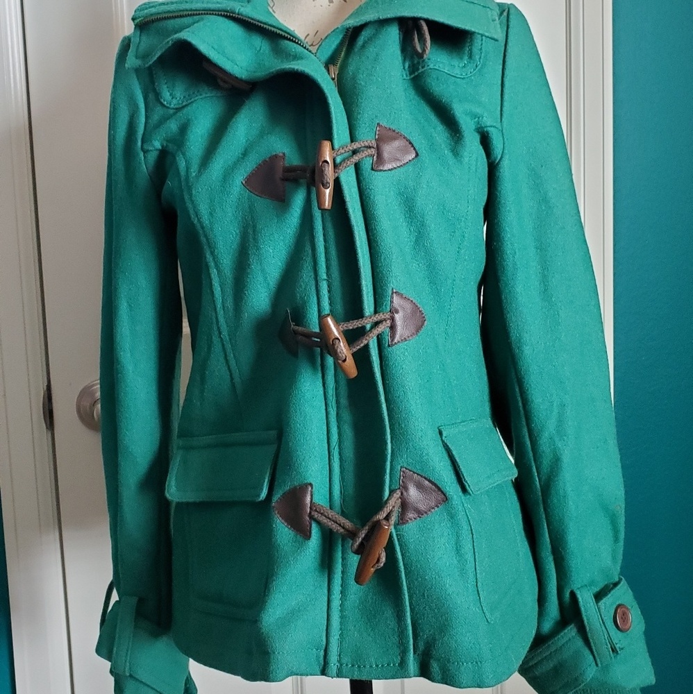 DELiAs Emerald Green Wool Toggle Hooded Pea Coat